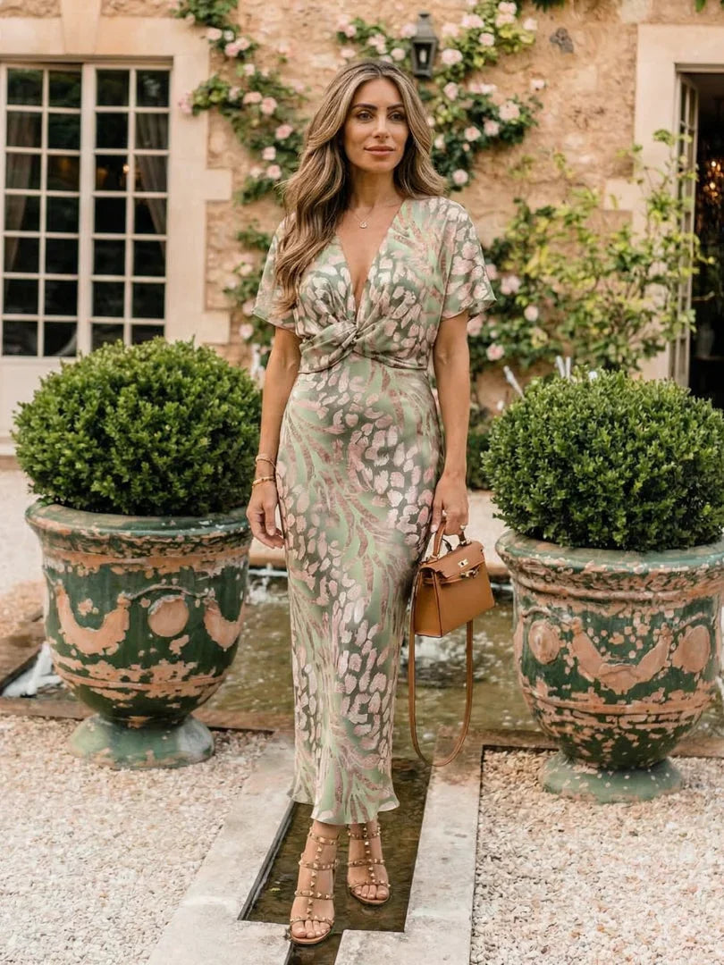 Coralie abstract floral twist-waist maxi dress — styled view