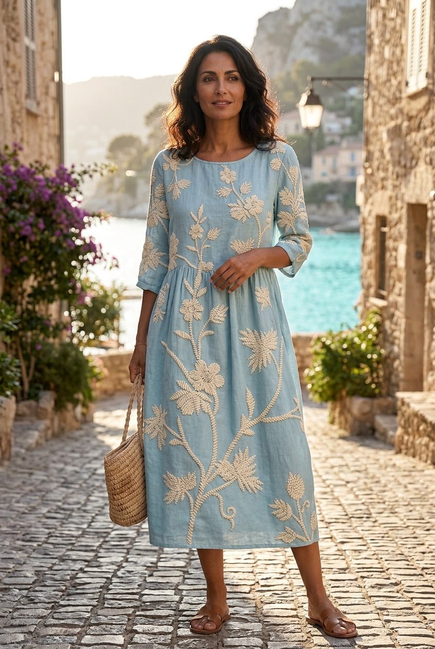 Jane | Floral Embroidered Fluid Midi Dress