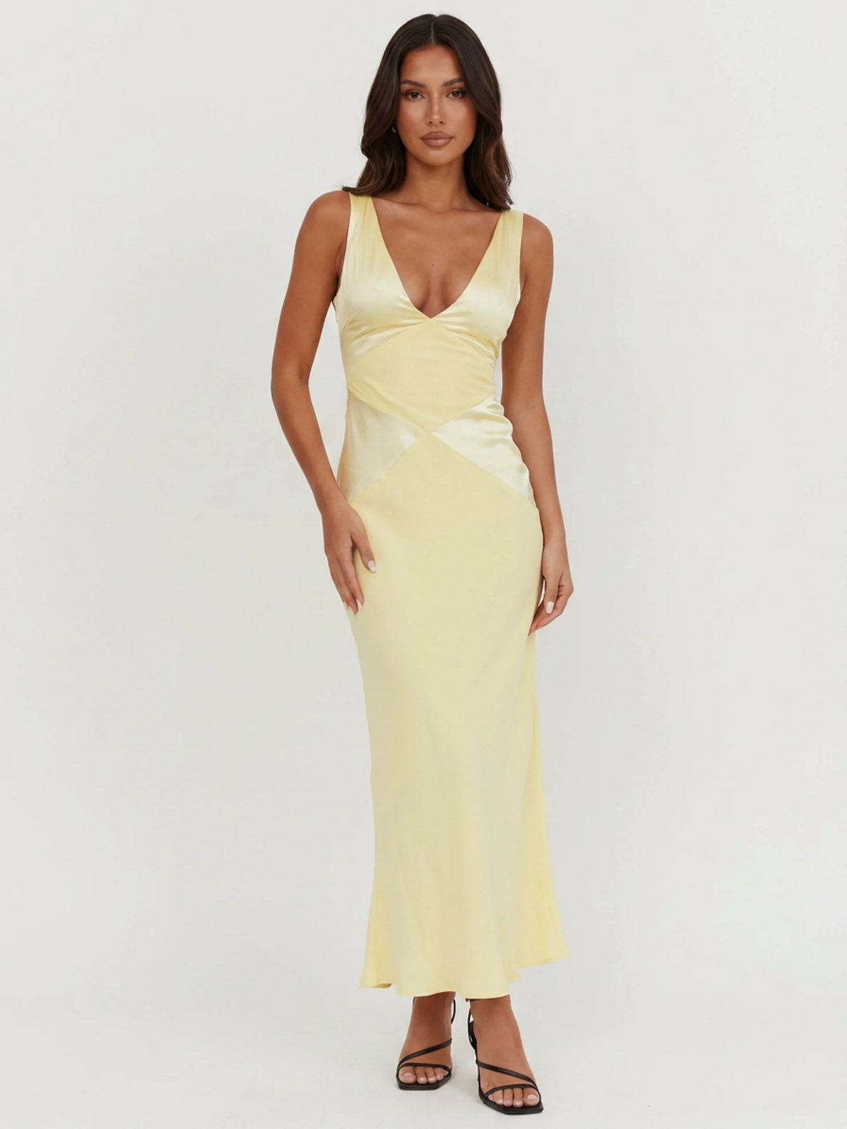 Dara contrast panel satin-finish maxi dress in light blue — back view