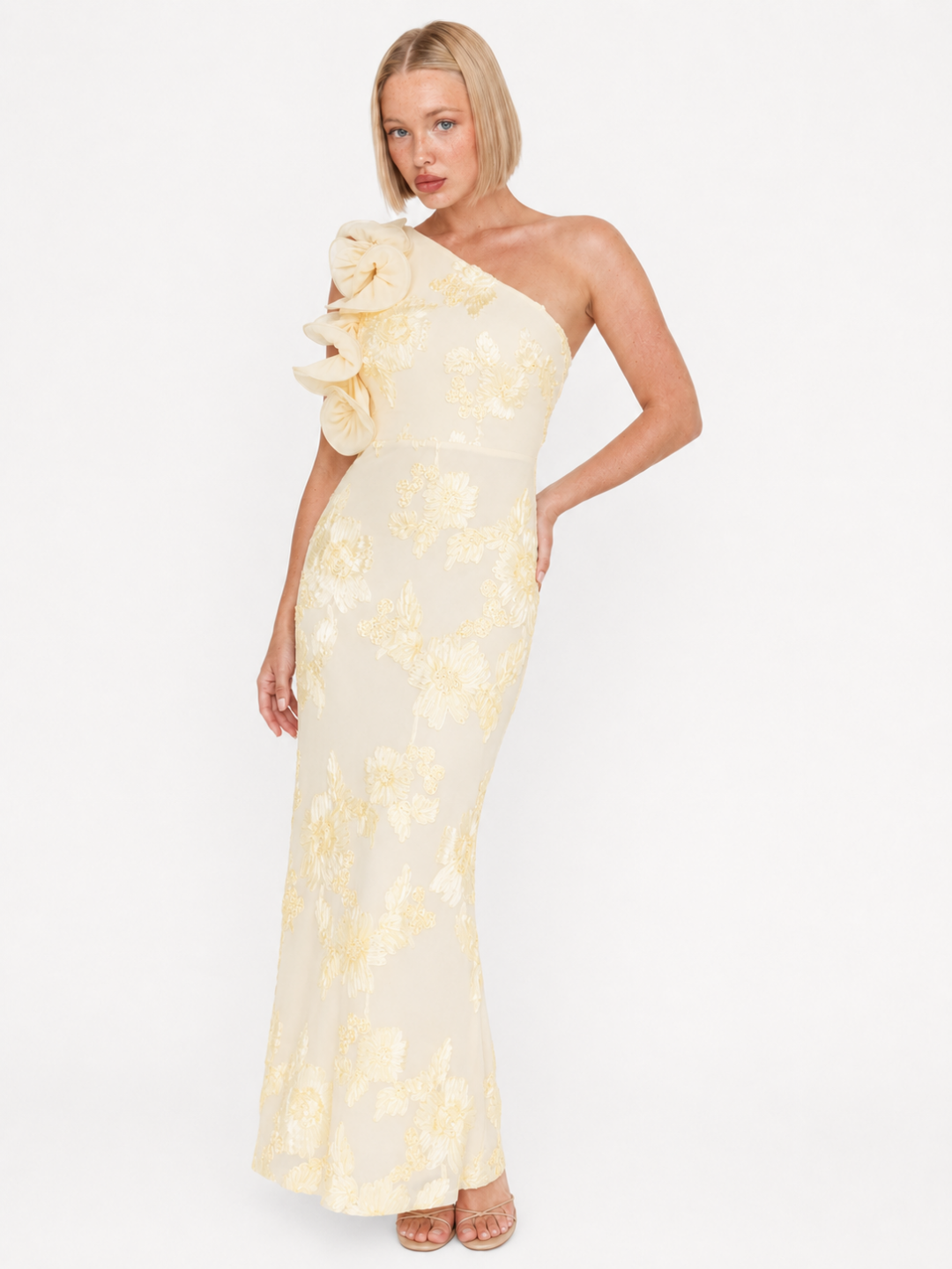 Elke one-shoulder ruffle maxi dress with floral texture in yellow — front view