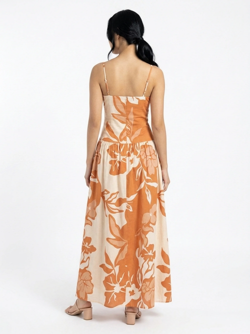 Ayla floral print strappy high-waist maxi dress in Orange — back view