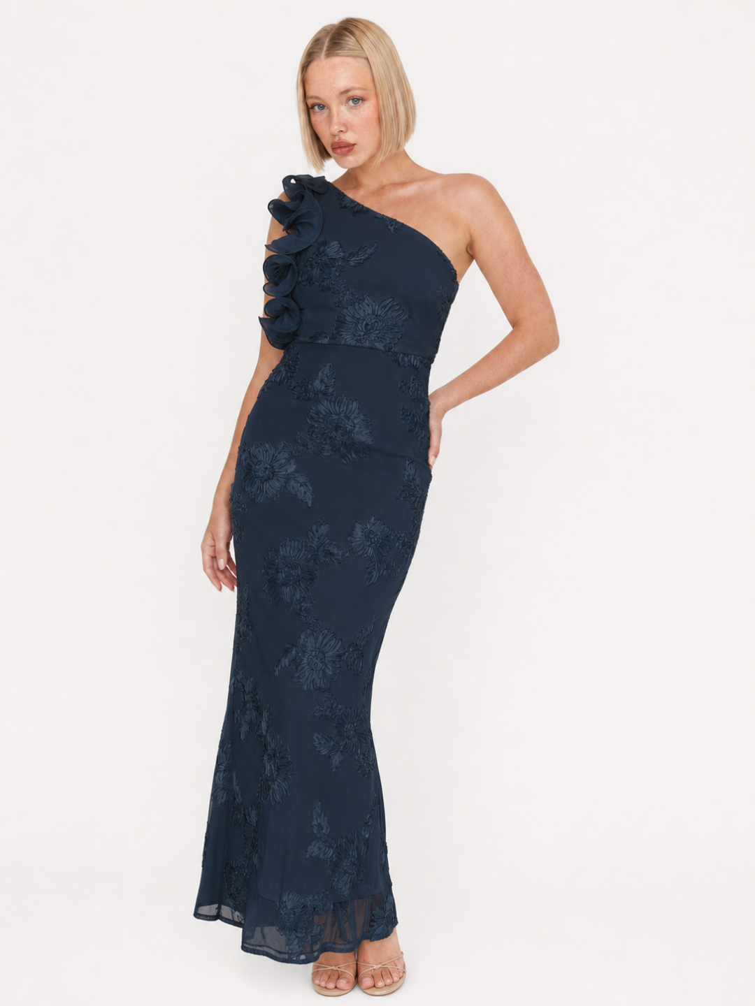 Elke one-shoulder ruffle maxi dress with floral texture in pink — back view