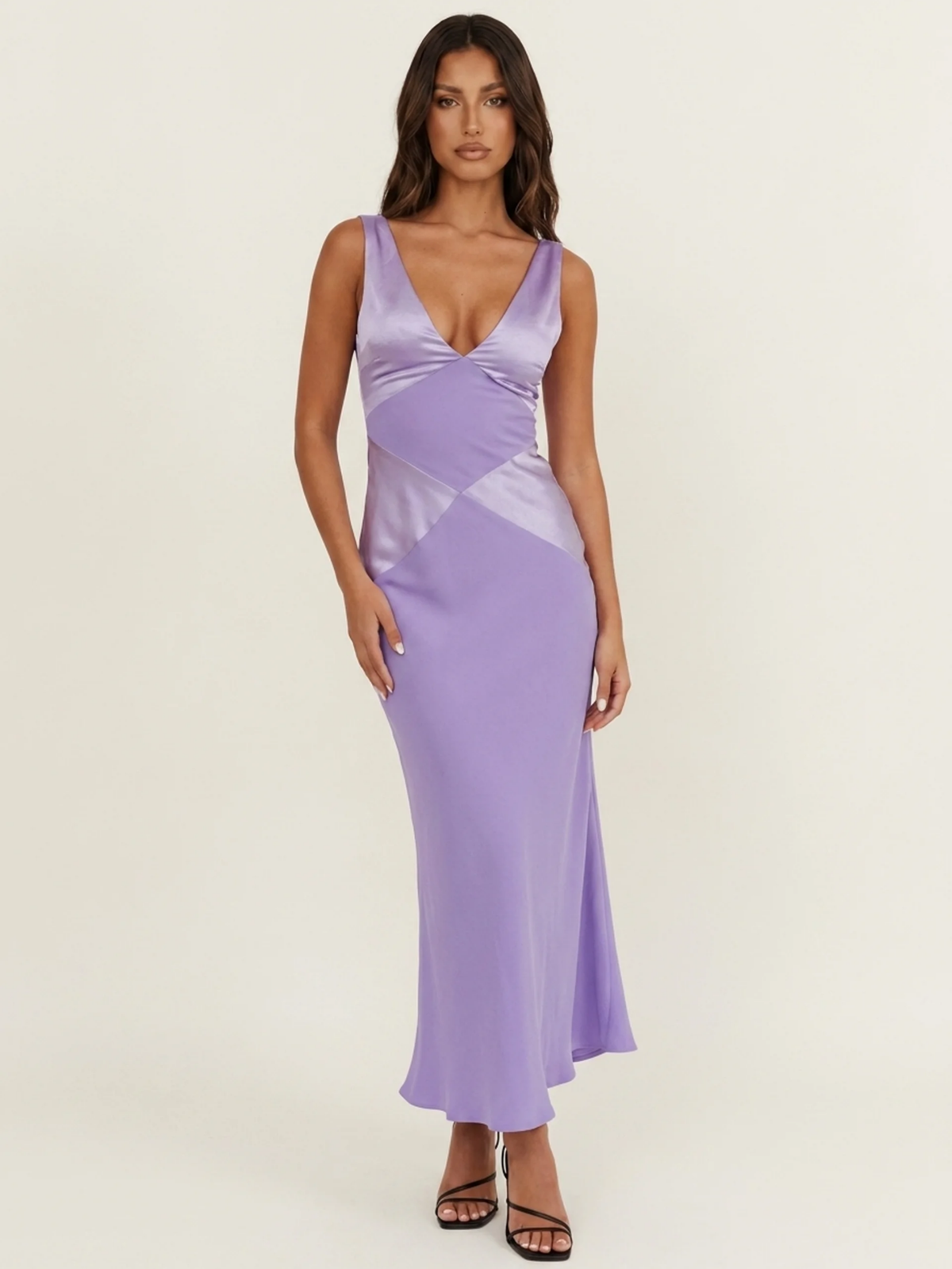 Dara contrast panel satin-finish maxi dress in light yellow — front view