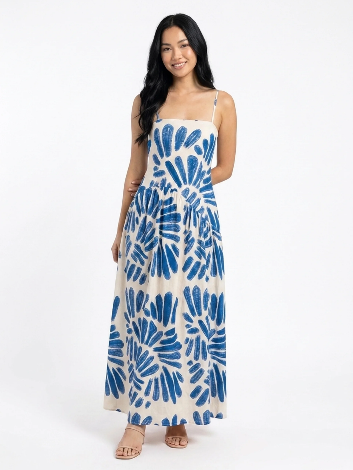 Ayla floral print strappy high-waist maxi dress in Blue — detail view