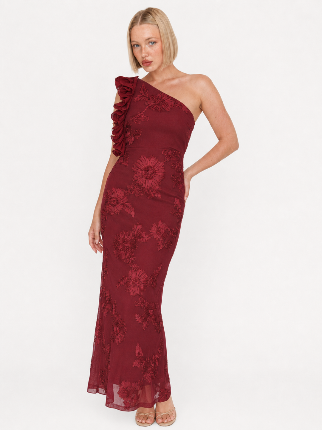Elke one-shoulder ruffle maxi dress with floral texture in red — back view
