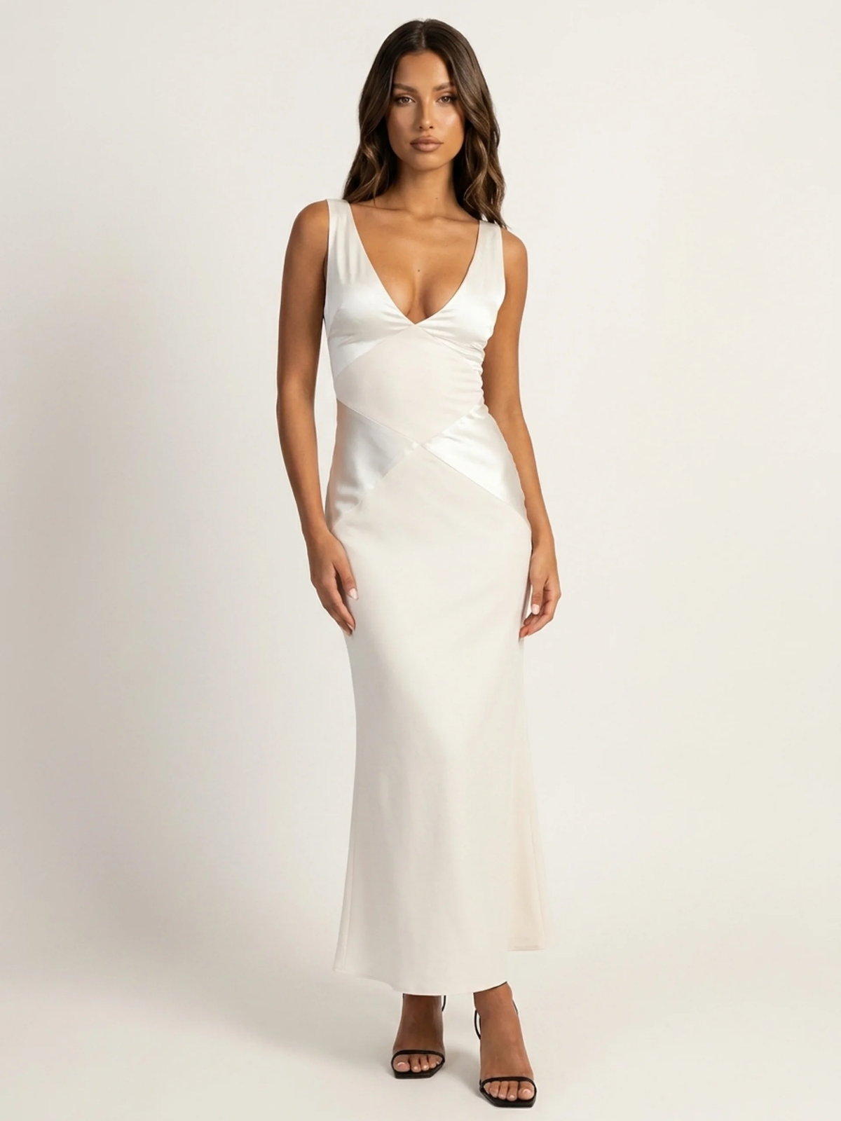 Dara contrast panel satin-finish maxi dress in light yellow — back view