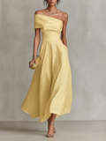 Camille one-shoulder draped midi dress with full skirt — front view
