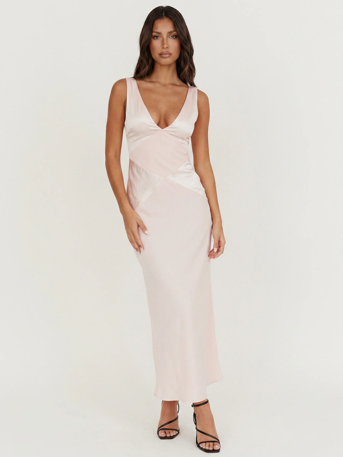 Dara contrast panel satin-finish maxi dress in white — front view
