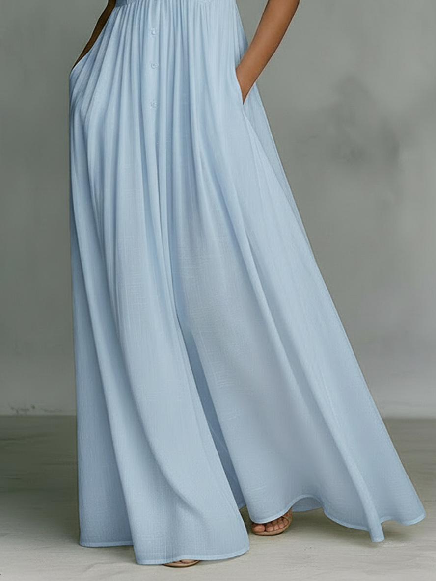 Astrid stand-collar plunge sleeveless maxi dress — side view