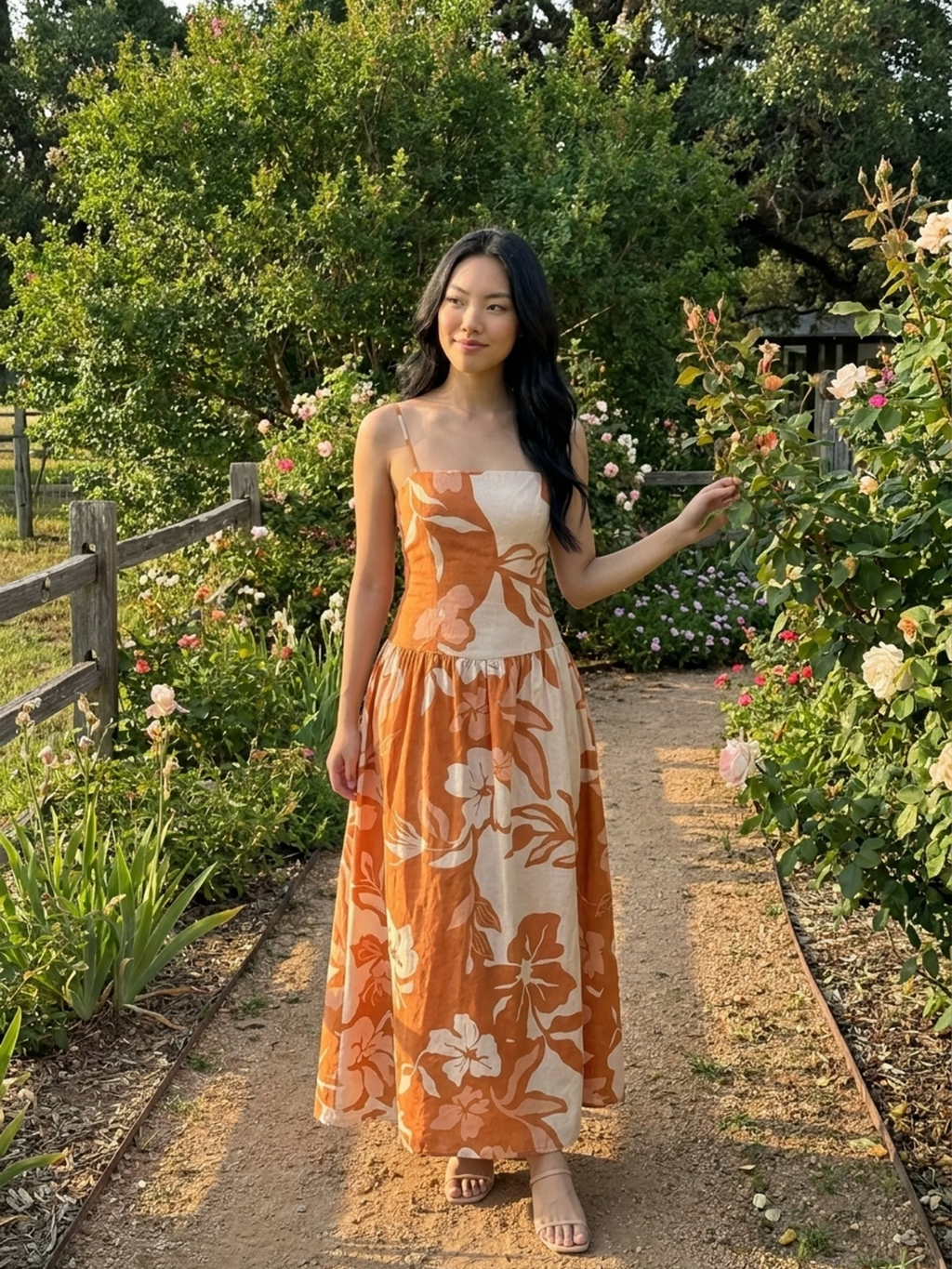 Ayla floral print strappy high-waist maxi dress in Orange — detail view