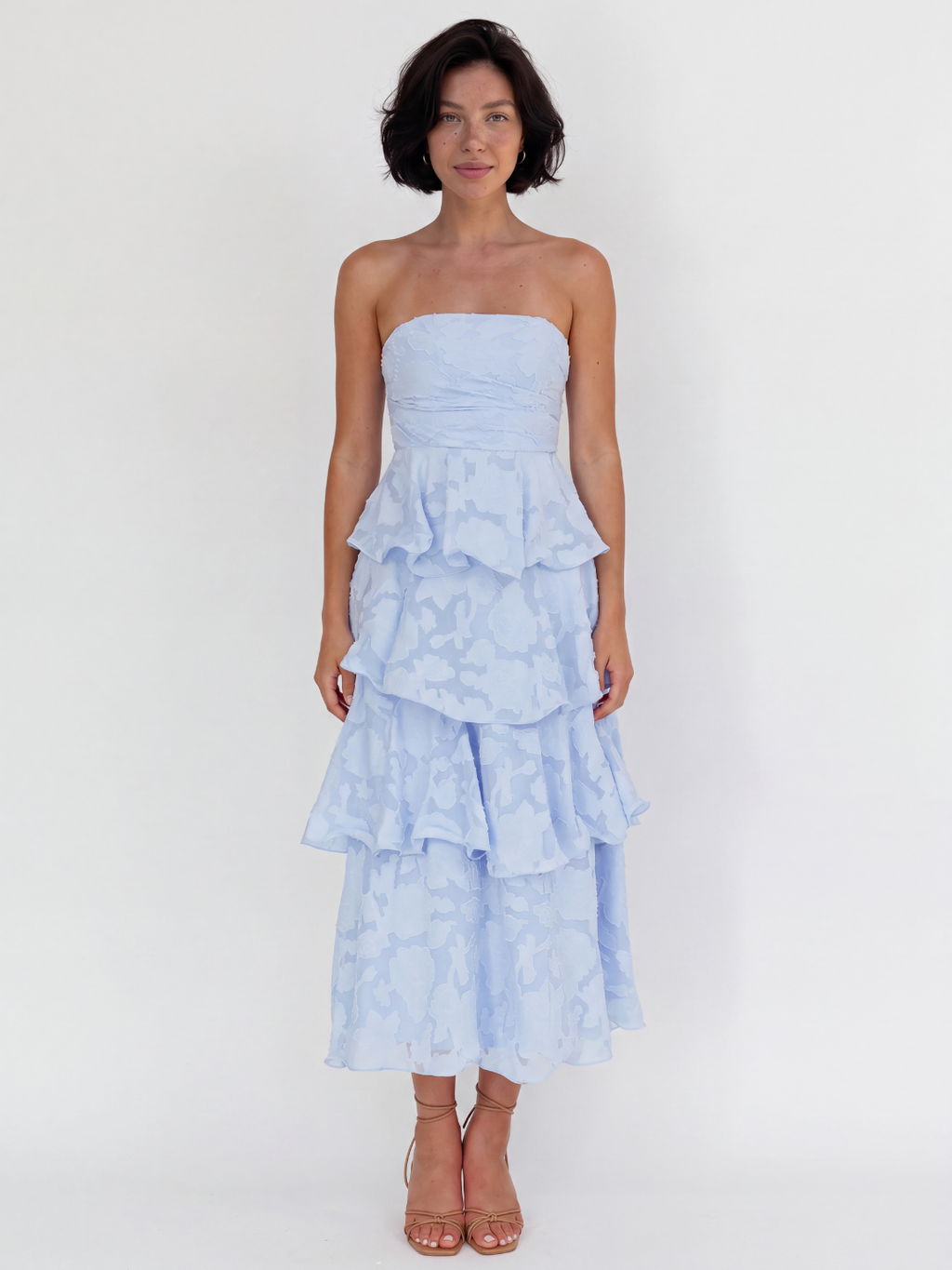 Goldie strapless tiered midi dress with floral embossed texture — front view