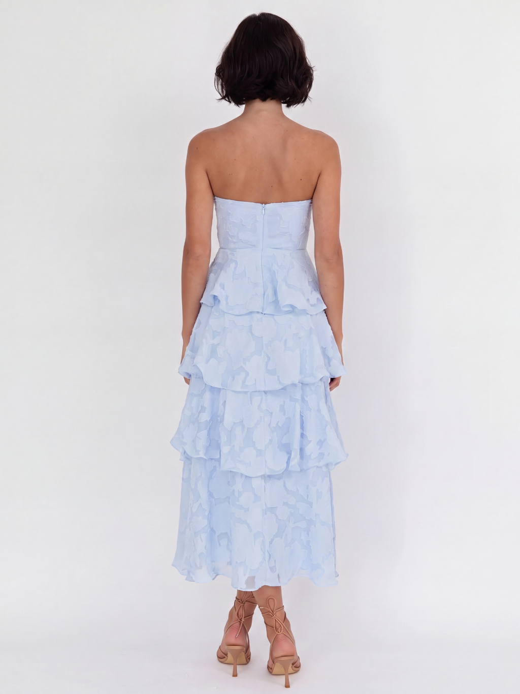 Goldie strapless tiered midi dress with floral embossed texture — back view