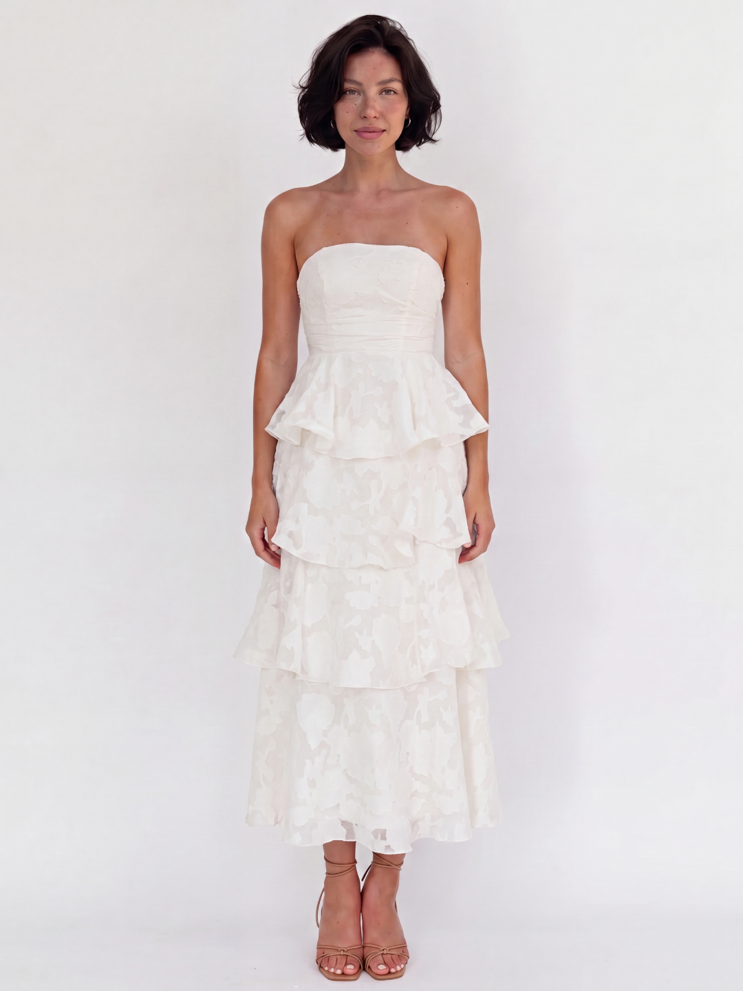 Goldie strapless tiered midi dress with floral embossed texture — front view