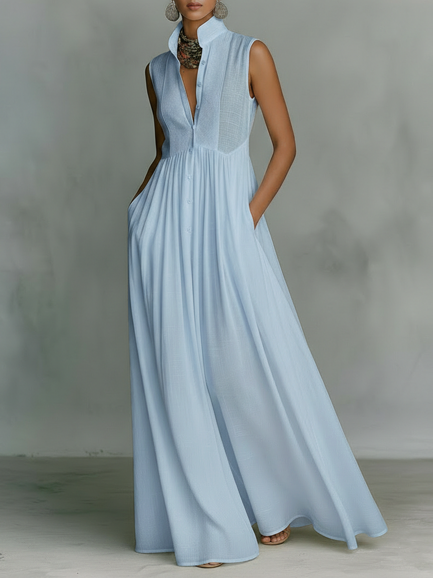 Astrid stand-collar plunge sleeveless maxi dress — front view