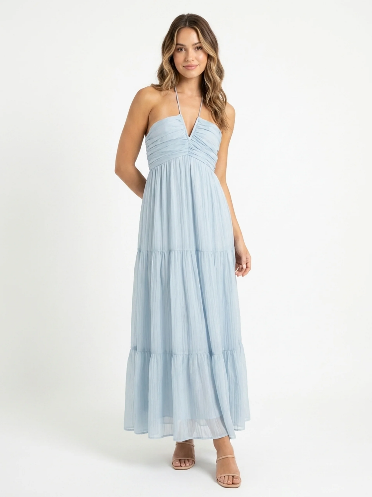 Tilly halter-neck tiered tulle maxi dress in light blue — front view