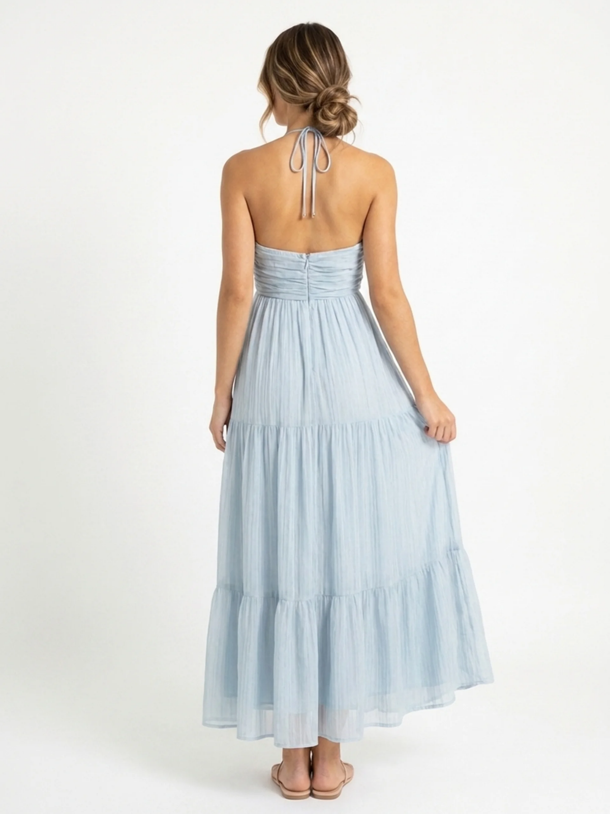 Tilly halter-neck tiered tulle maxi dress in light blue — back view