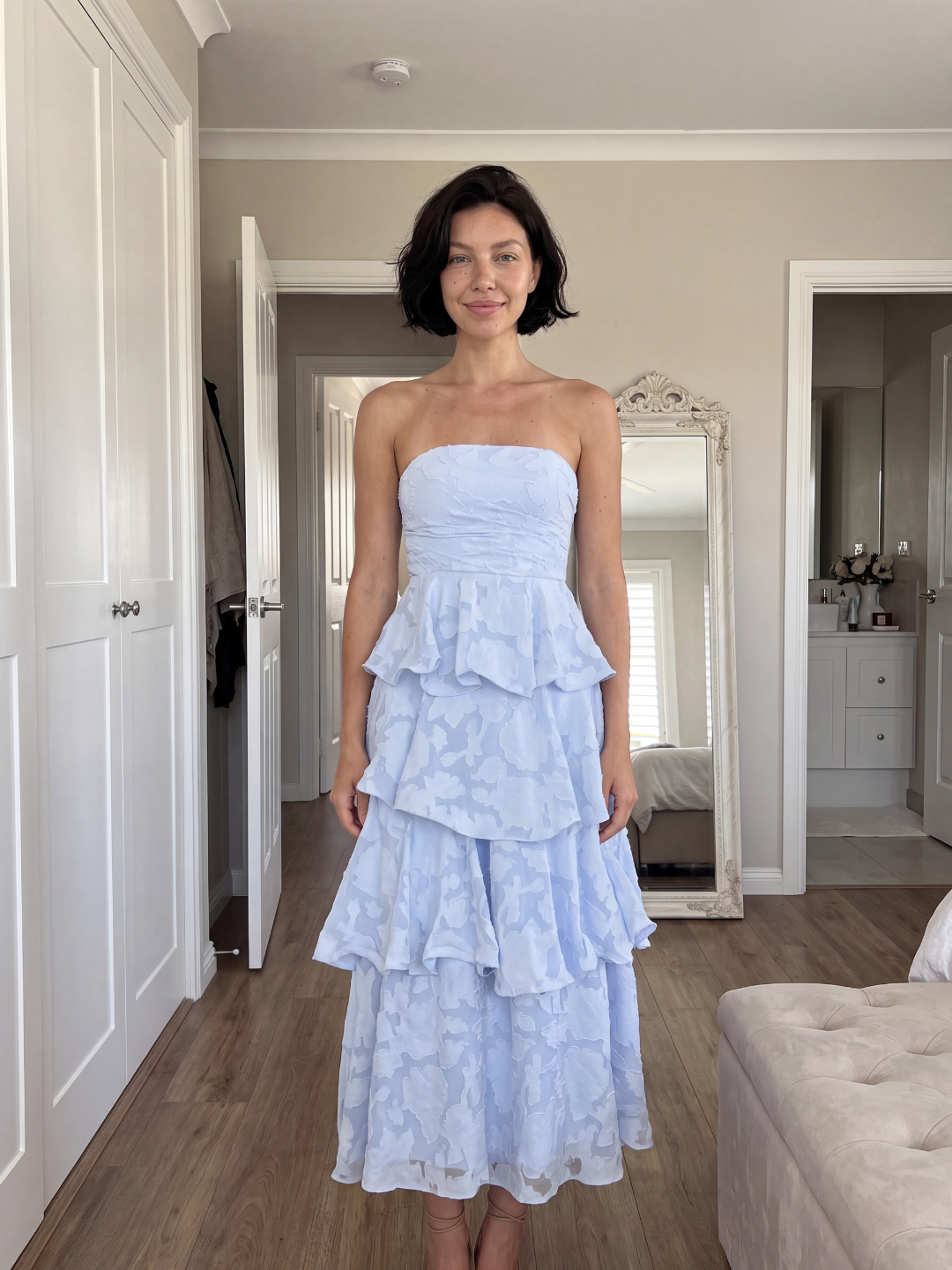 Goldie strapless tiered midi dress with floral embossed texture — side view