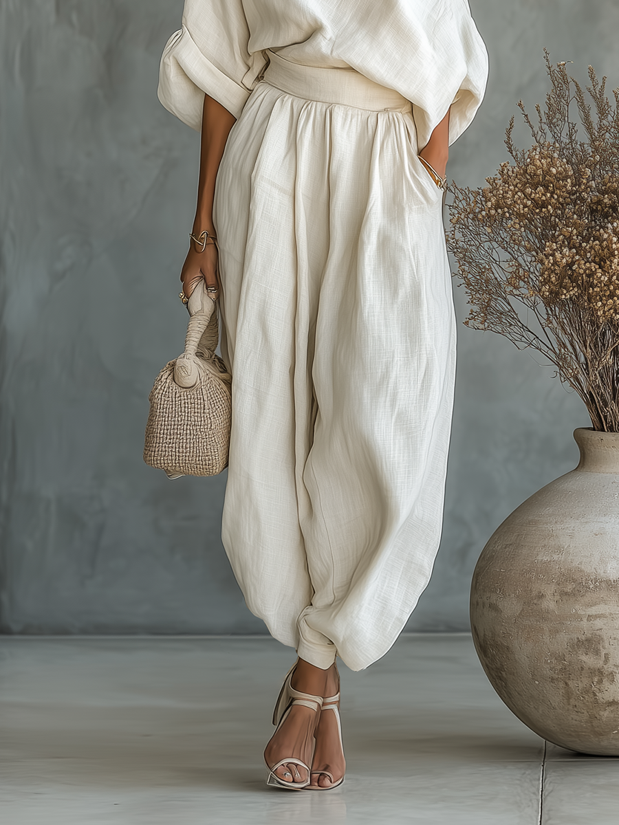 Eliza | Linen Off Shoulder Top and Tapered Pants Set