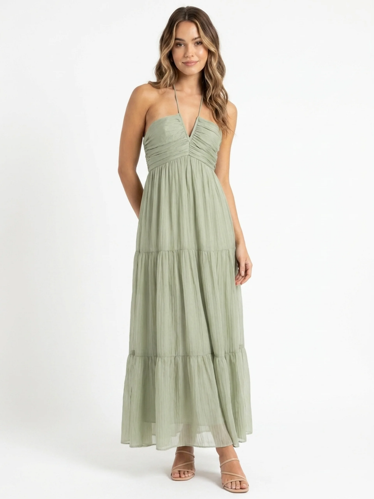 Tilly halter-neck tiered tulle maxi dress in floral — back view