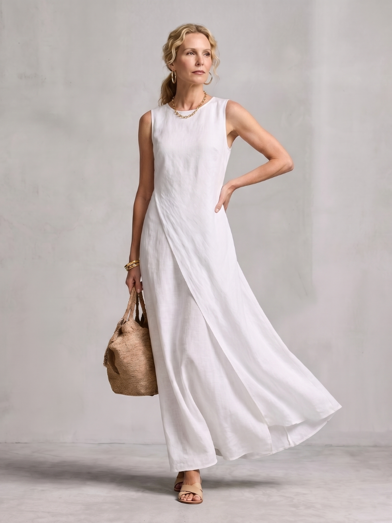 Hyacinth asymmetric wrap-panel high-neck maxi dress — styled view
