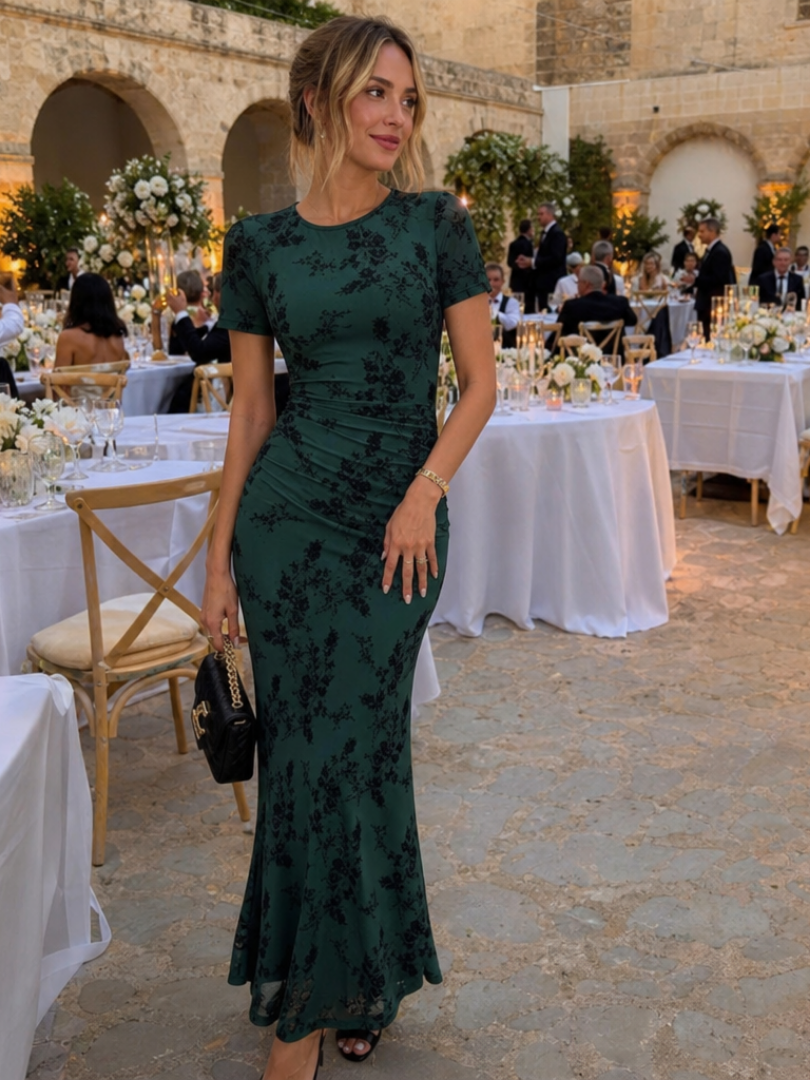 Sabella burnout floral crew-neck mermaid maxi dress — full-length view