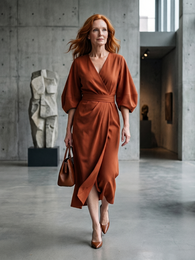 Beryl balloon-sleeve sculpted-waist wrap midi dress — detail view