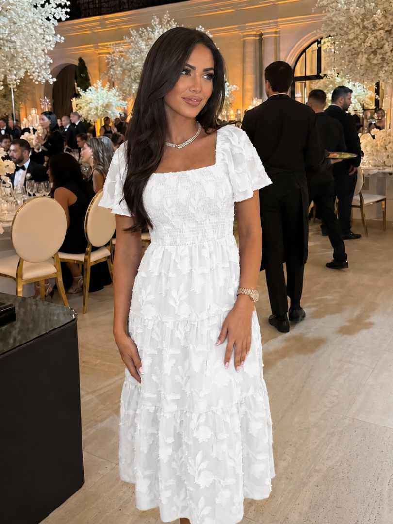 Elaria textured floral square-neck tiered midi dress — full-length view
