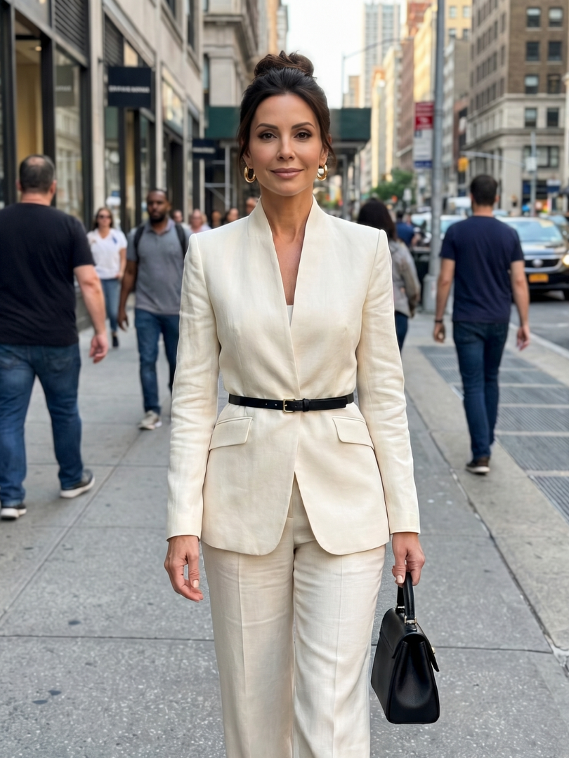 Vesper structured blazer and wide-leg trouser suit — styled view