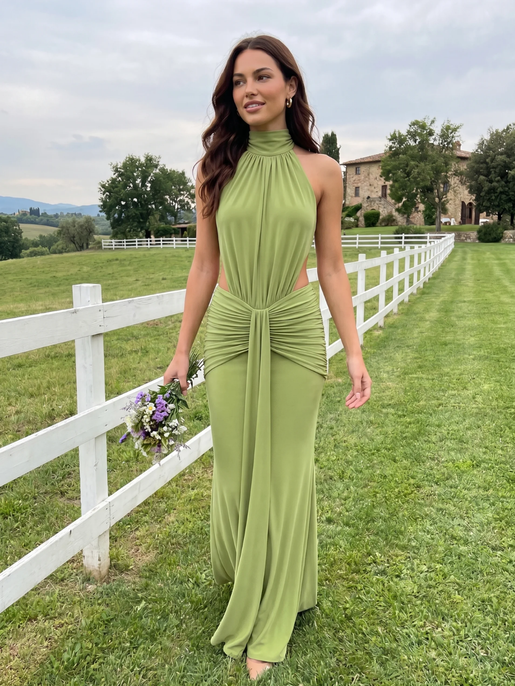 Harper halter neck side-cutout ruched maxi dress — side view
