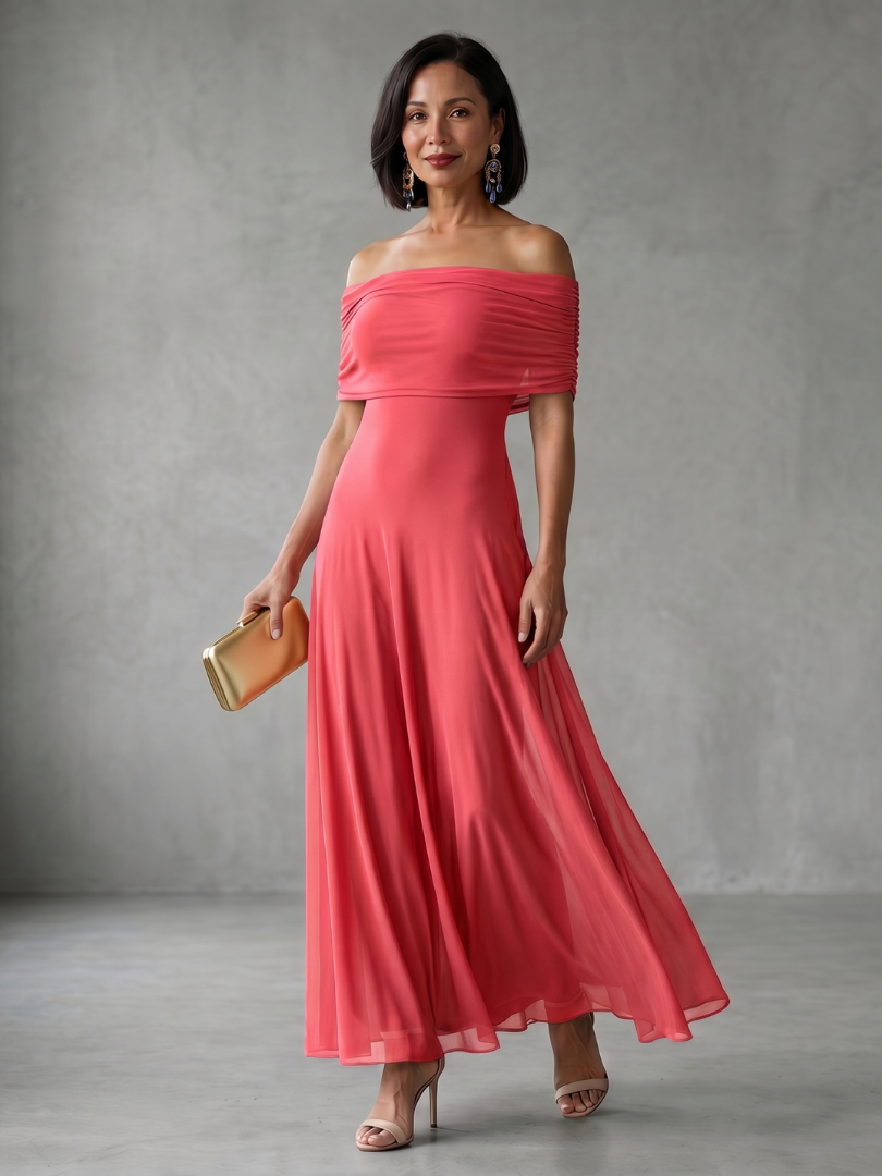 June off-shoulder draped-band maxi dress — styled view