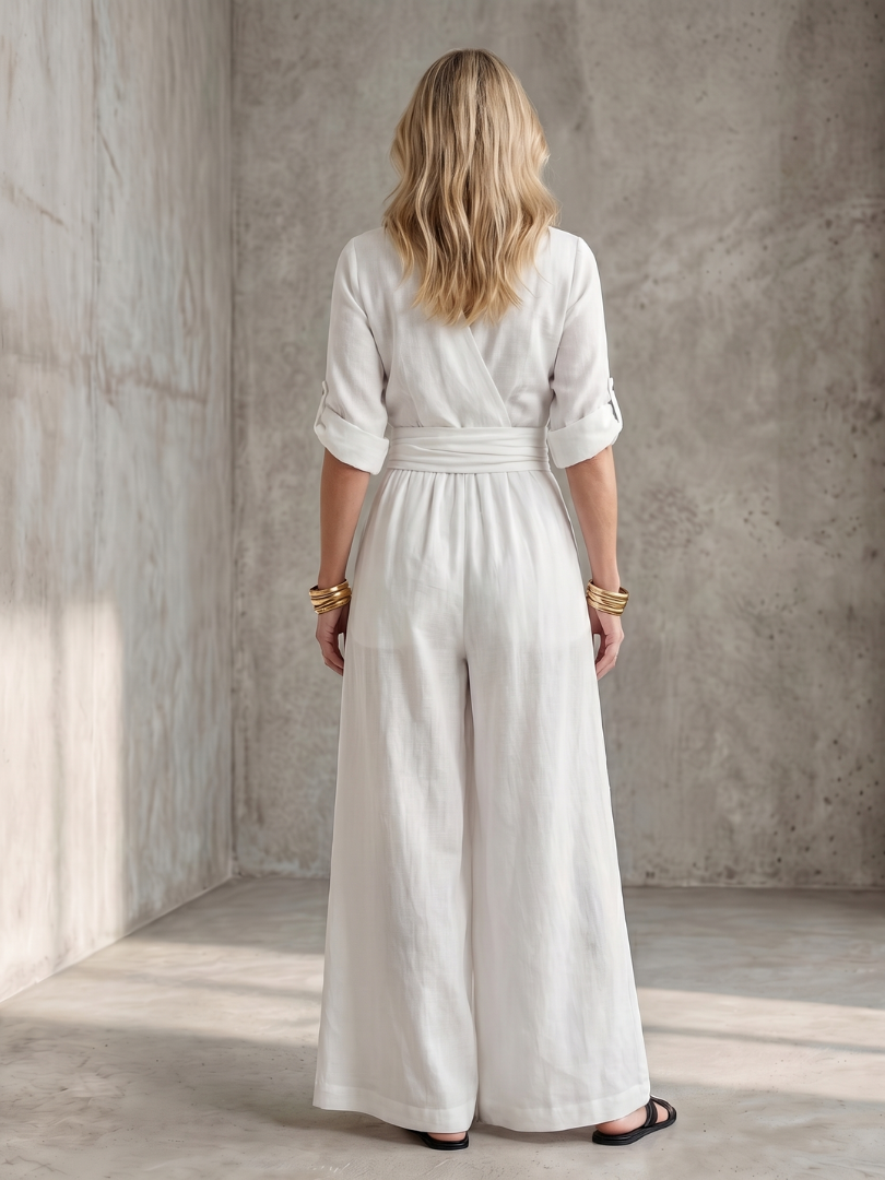 Wanda crossover wide-leg palazzo jumpsuit — full-length view