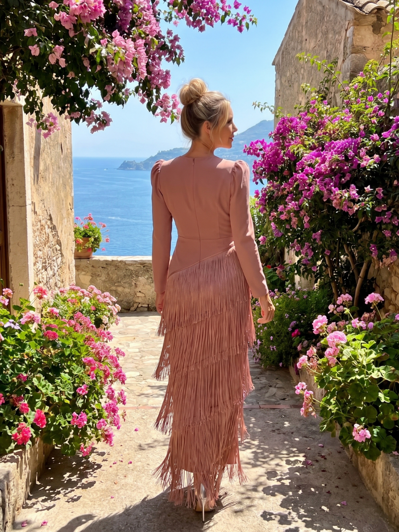 Samara fringed tiered wrap maxi dress — back view