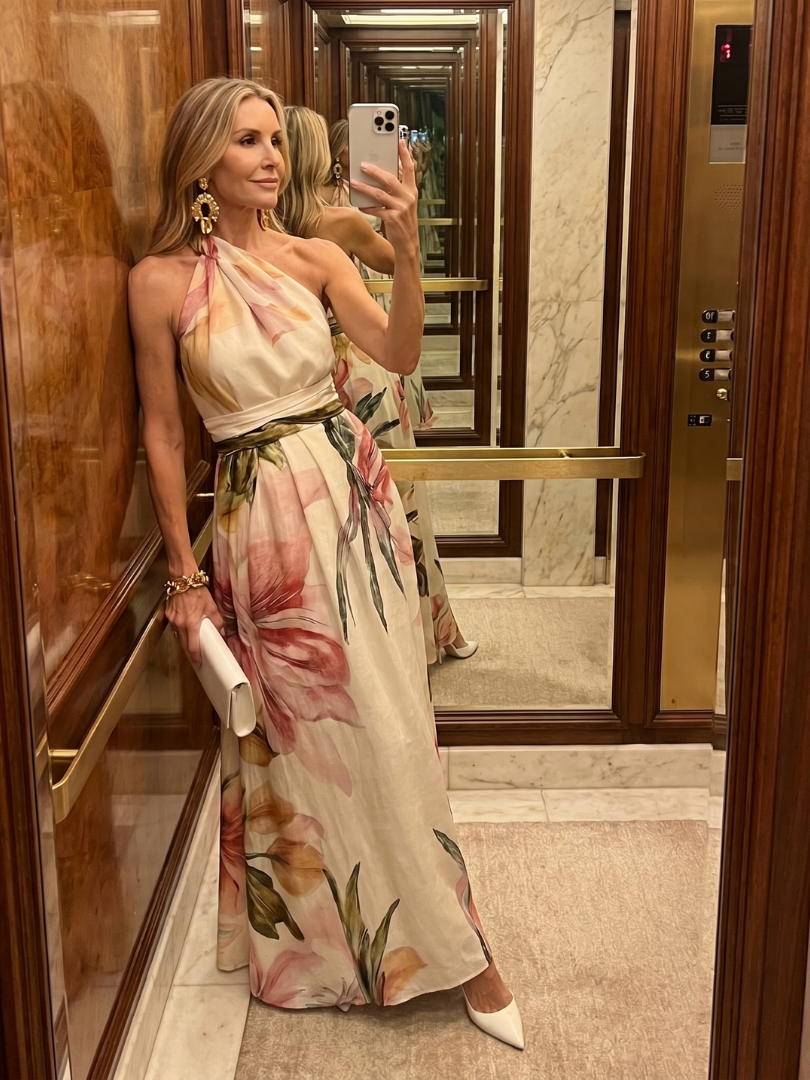 Hester watercolour floral halterneck maxi dress with sash — side view