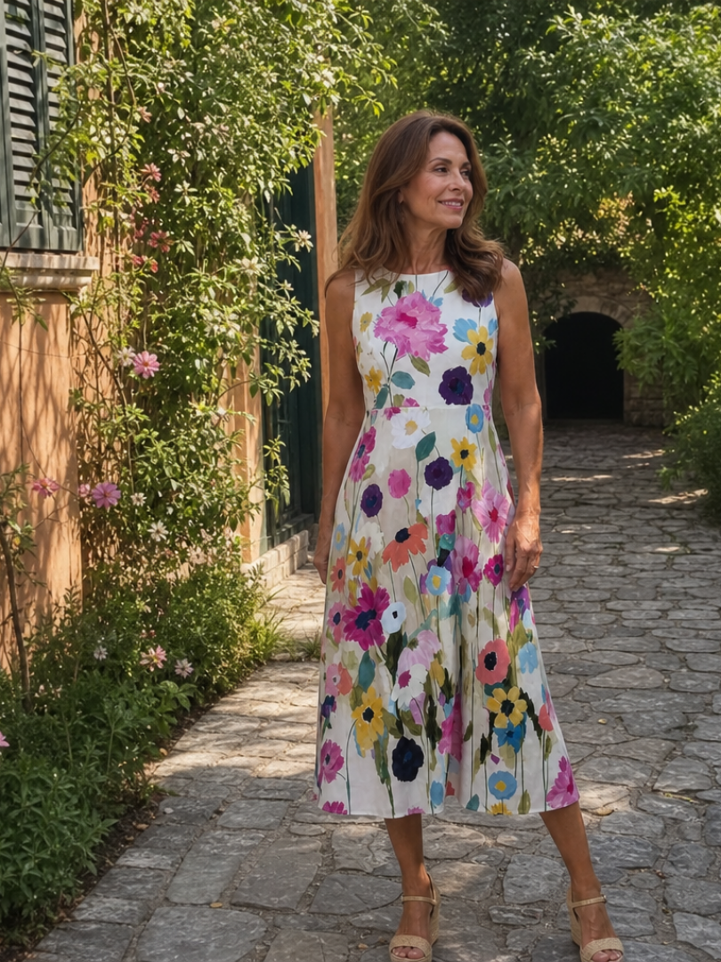 Flory watercolour floral pleated midi dress — full-length view