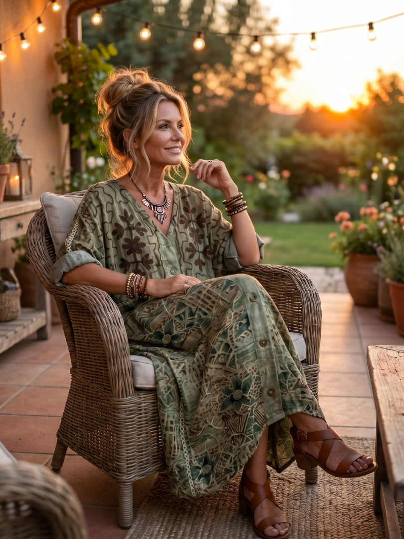 Aleta embroidered button-front kaftan maxi dress — full-length view