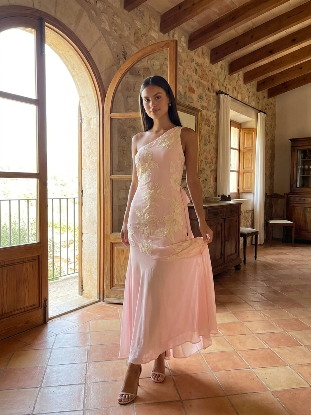 Lila one-shoulder floral applique sheer-hem maxi dress in Light Blue — front view