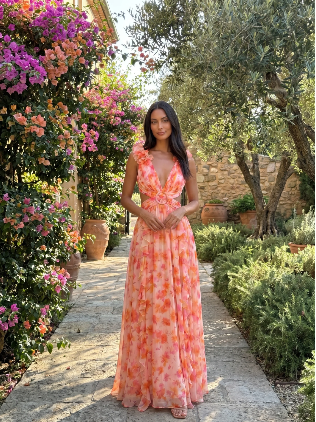 Lark floral plunge cut-out chiffon maxi dress in Orange — detail view
