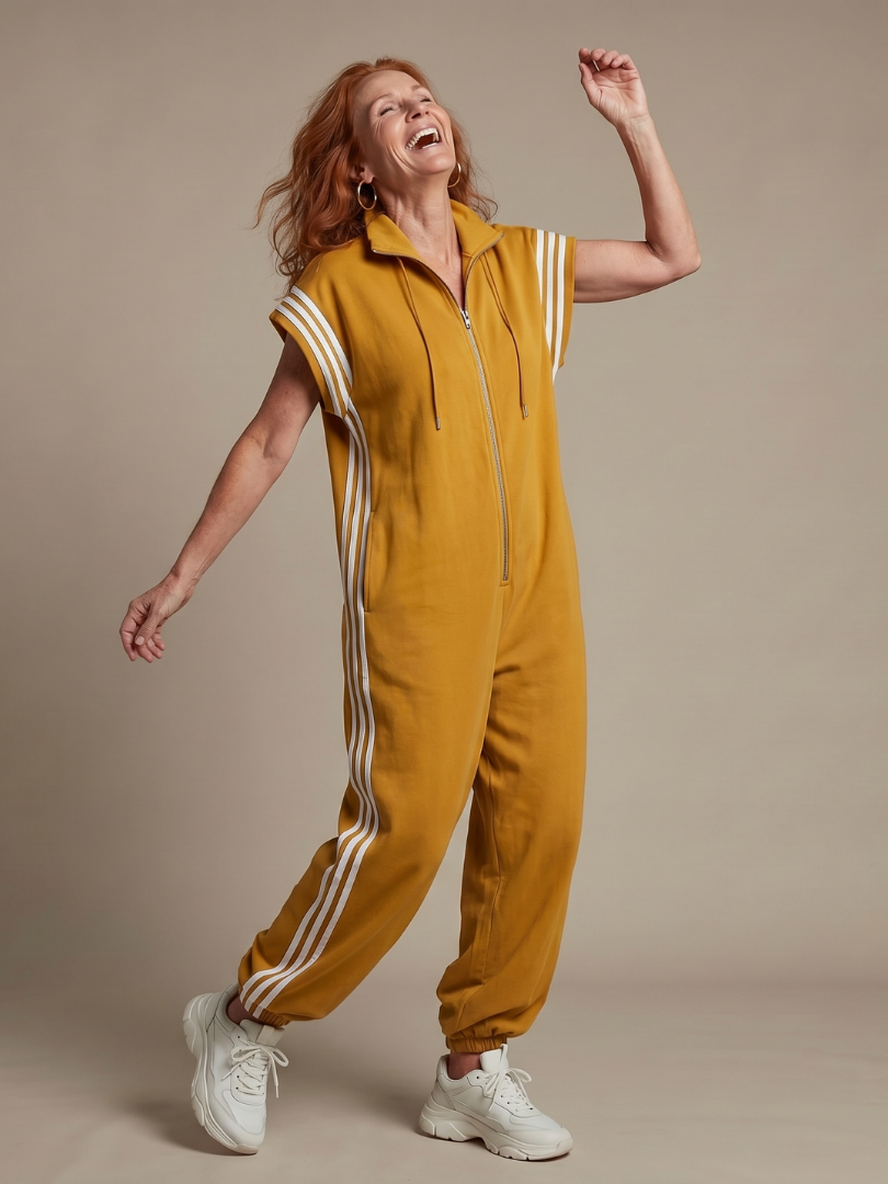 Linnet contrast-stripe zip-front utility jumpsuit — styled view