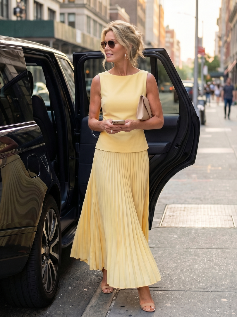 Rhodes boat-neck shell top and pleated maxi skirt two-piece set — styled view
