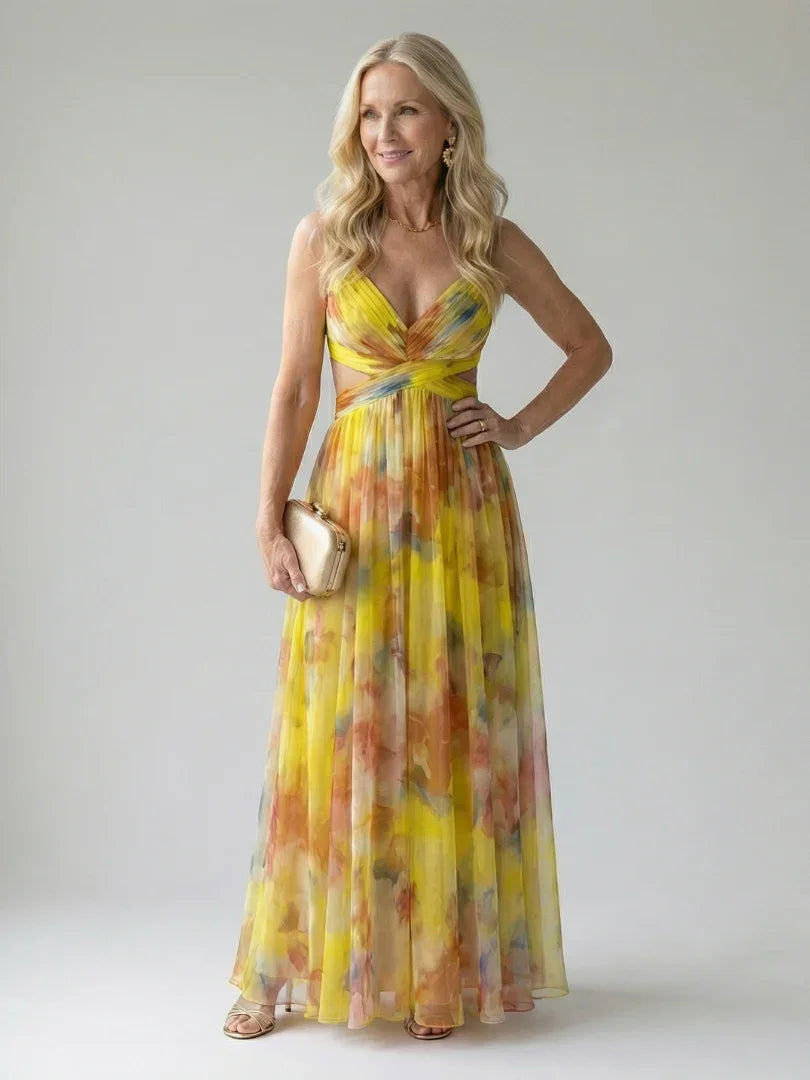 Isel watercolour floral ruched wrap maxi dress — styled view