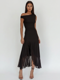 Anouk asymmetric off-shoulder ruched maxi dress in black — front view