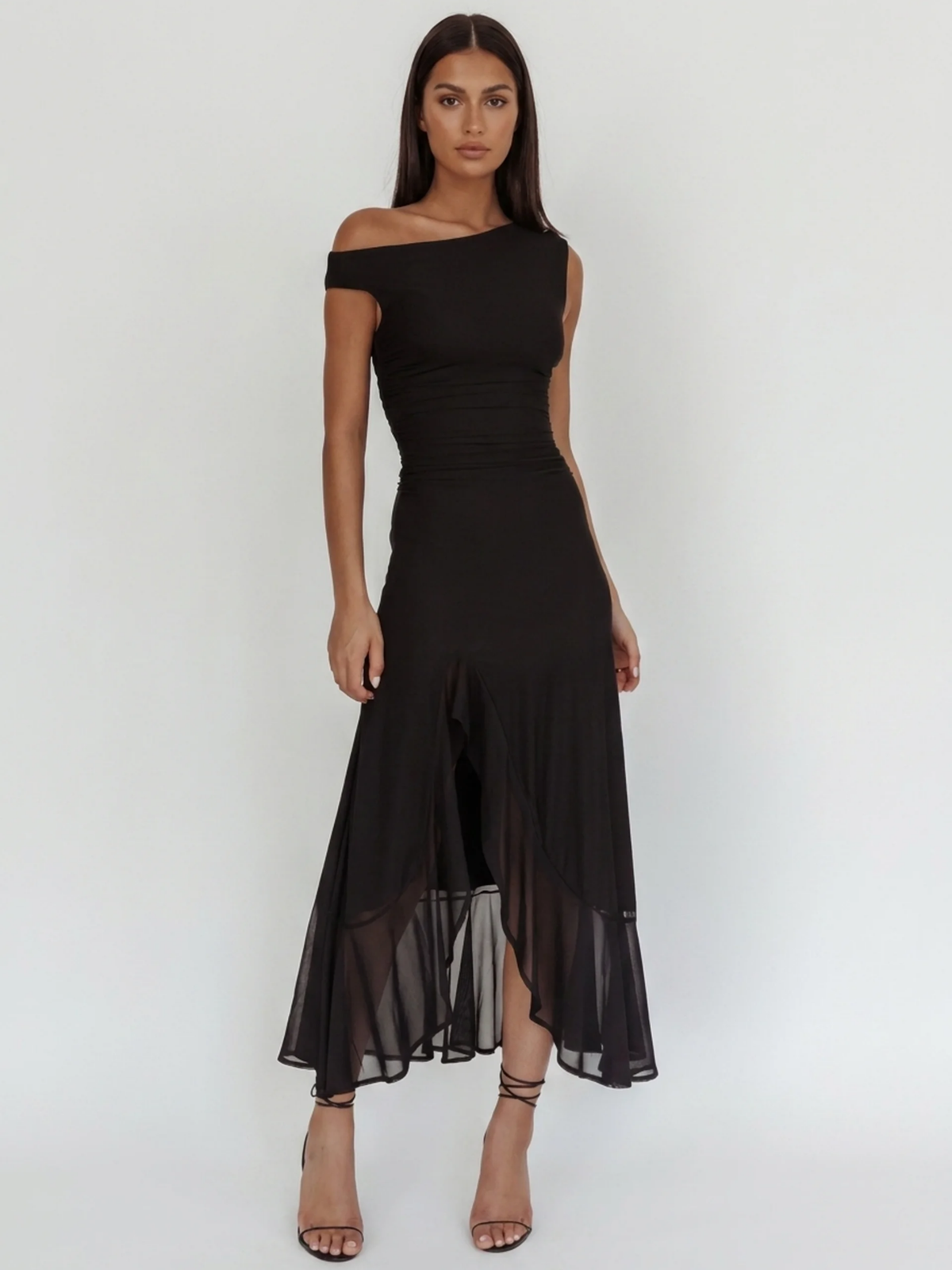 Anouk asymmetric off-shoulder ruched maxi dress in black — front view