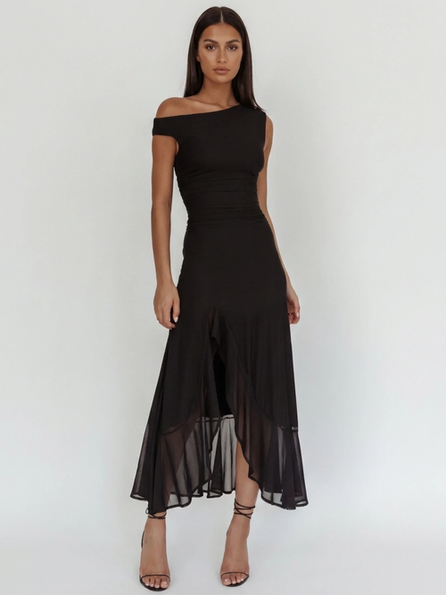 Anouk asymmetric off-shoulder ruched maxi dress in black — front view