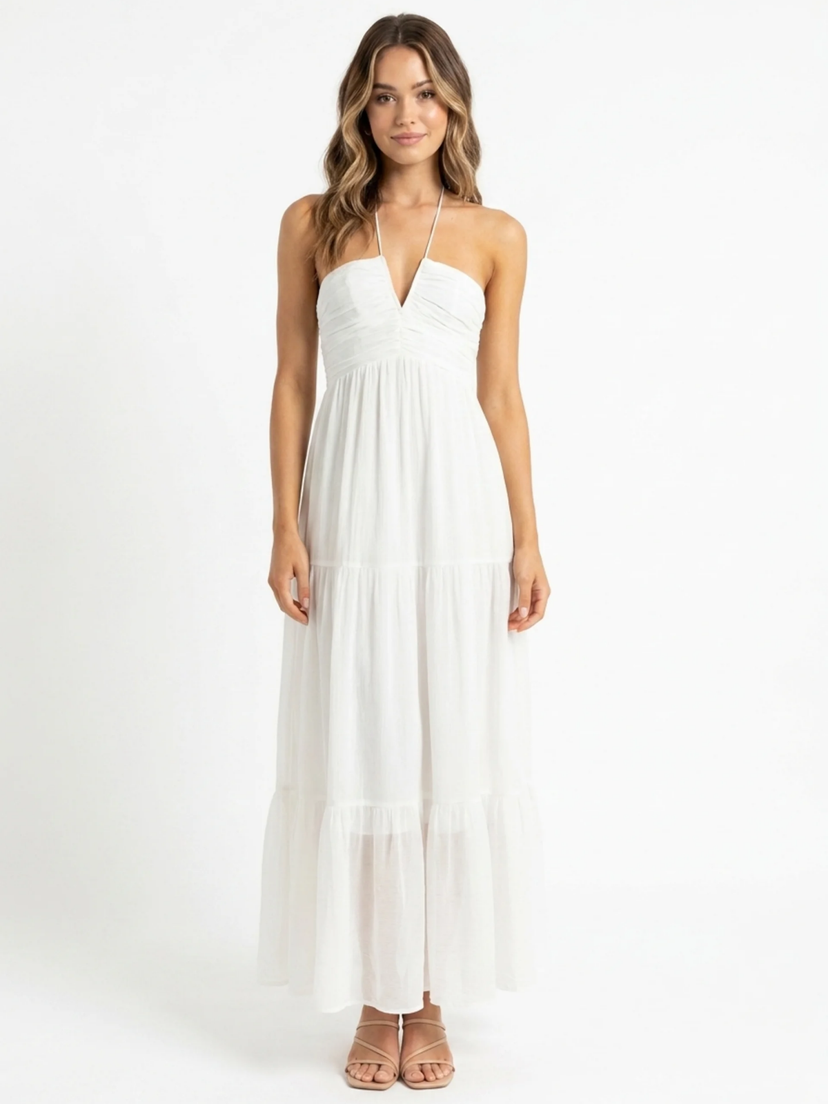Tilly halter-neck tiered tulle maxi dress in white — front view