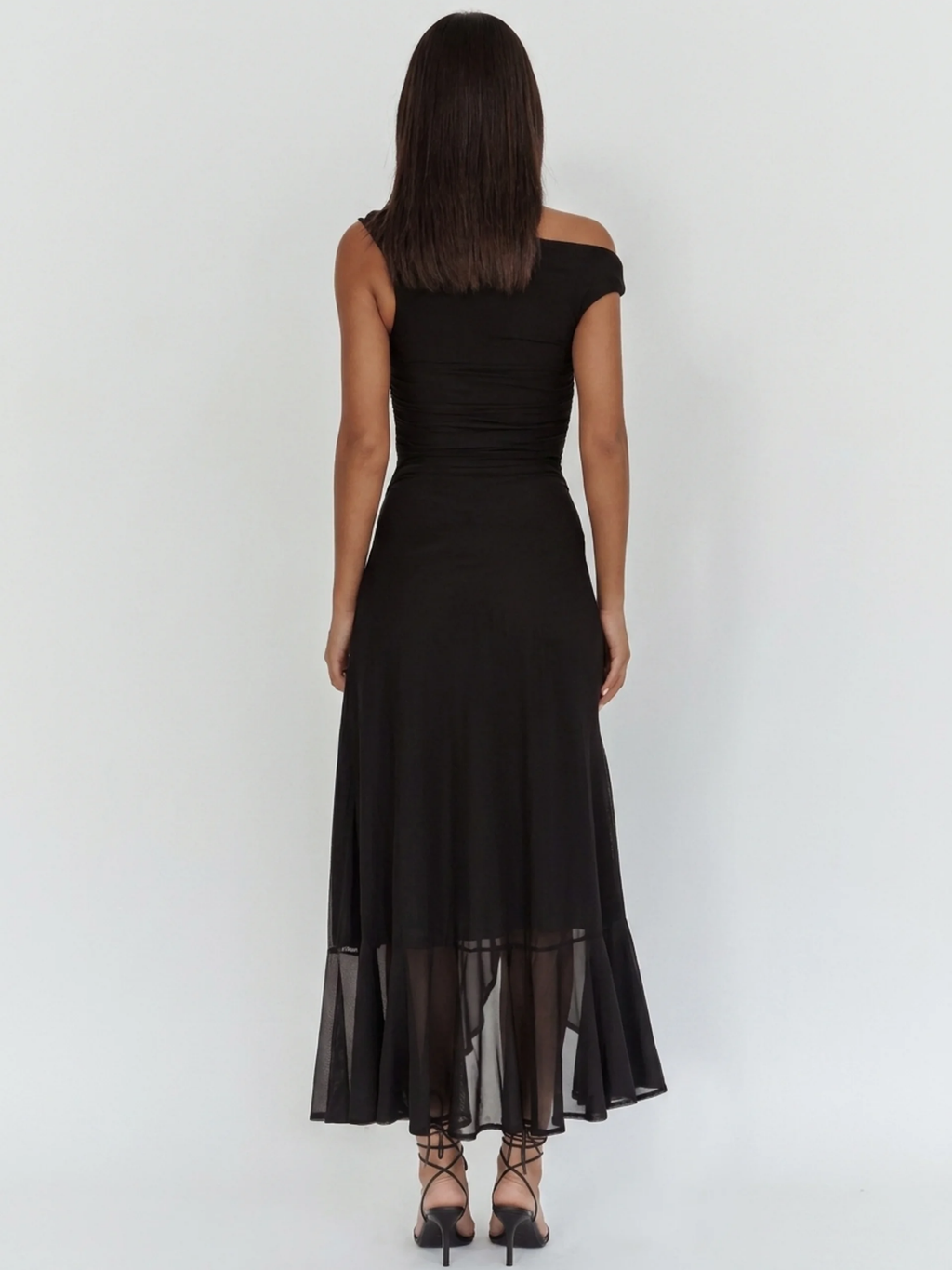 Anouk asymmetric off-shoulder ruched maxi dress in black — back view