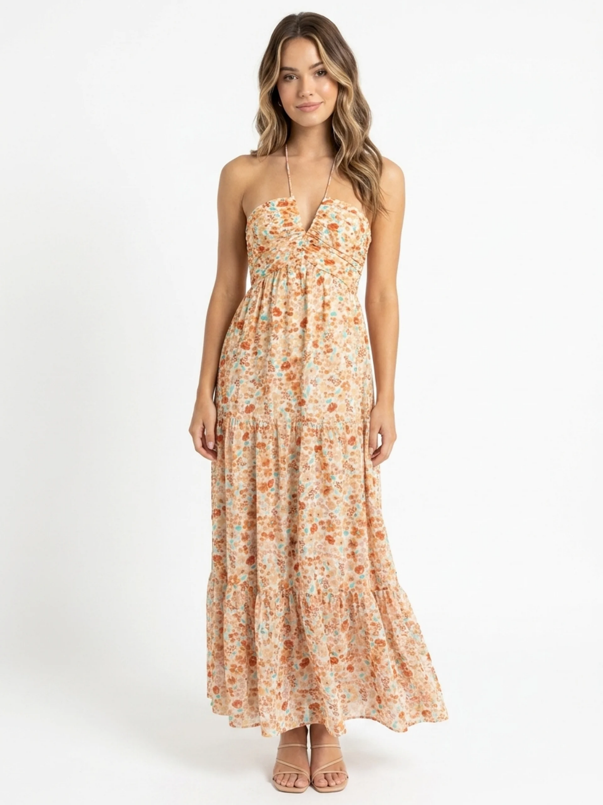 Tilly halter-neck tiered tulle maxi dress in orange — front view