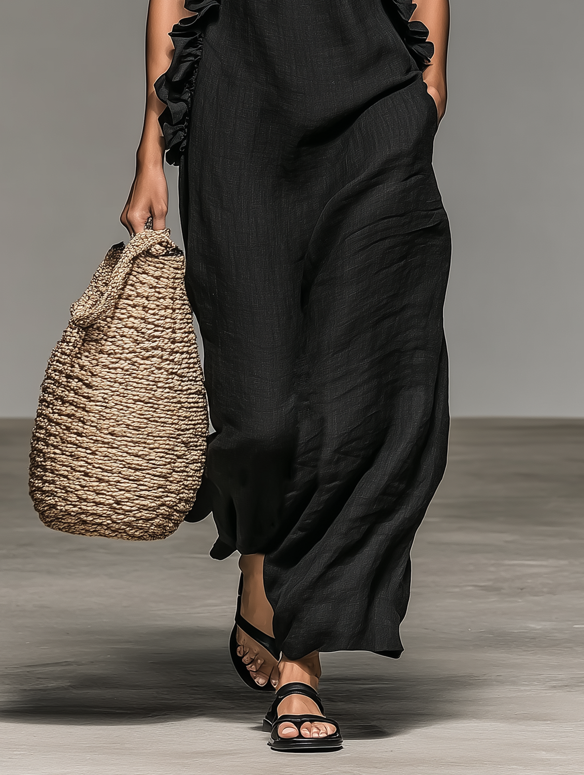 Freya | Linen Blend Sleeveless Ruffle Maxi Dress