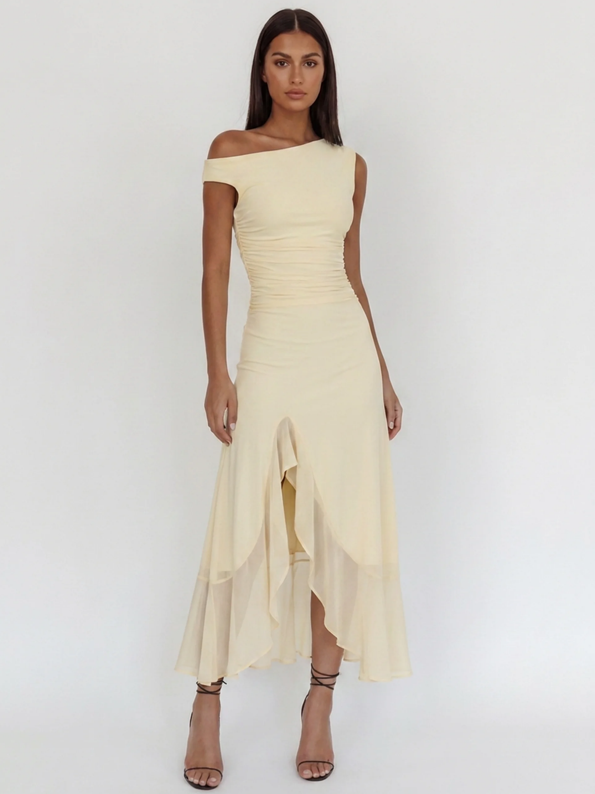 Anouk asymmetric off-shoulder ruched maxi dress in red — back view