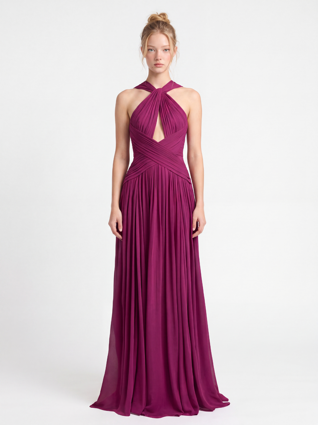 Tave halter ruched keyhole cutout maxi gown in purple — front view