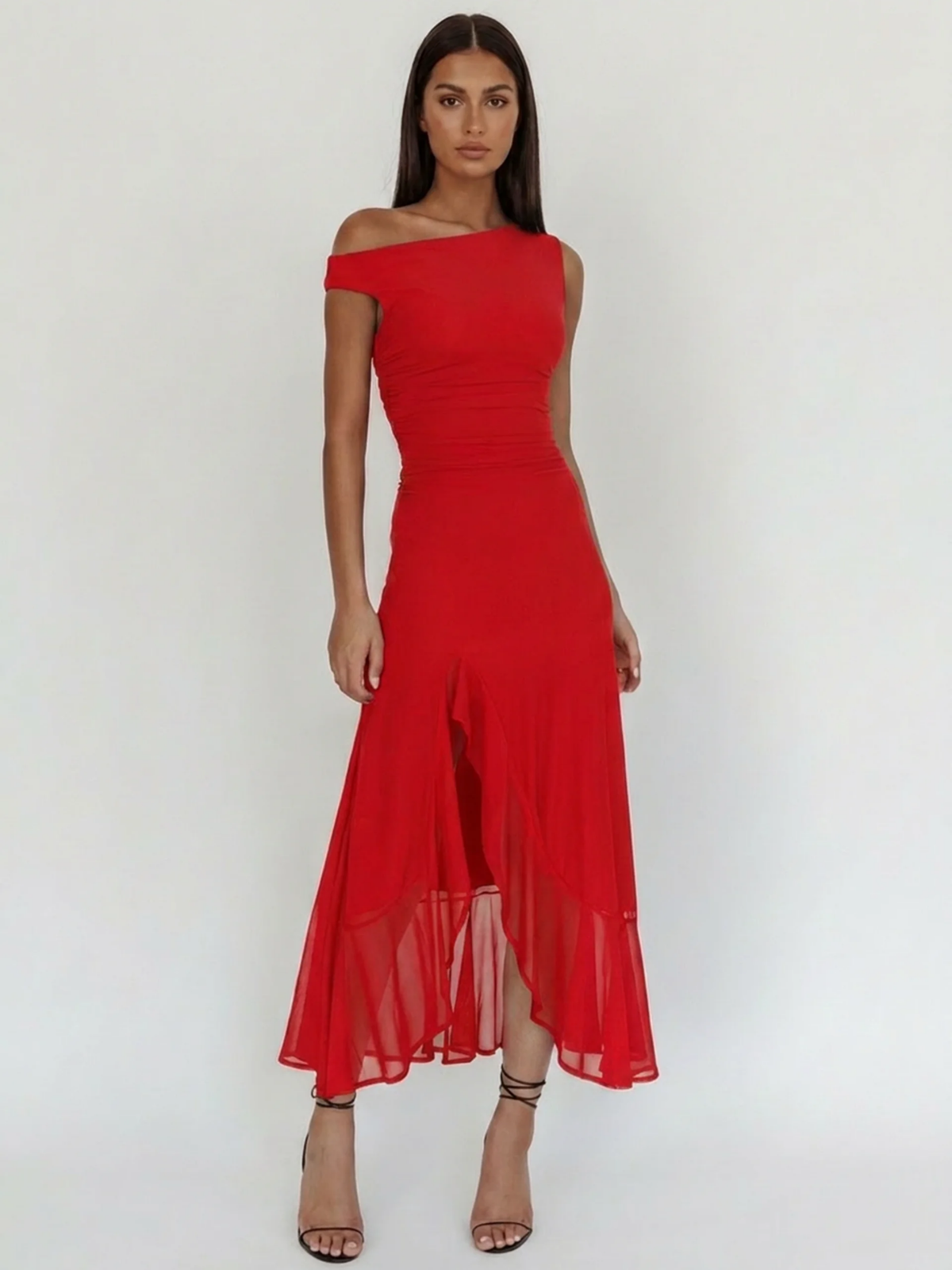 Anouk asymmetric off-shoulder ruched maxi dress in light green — front view